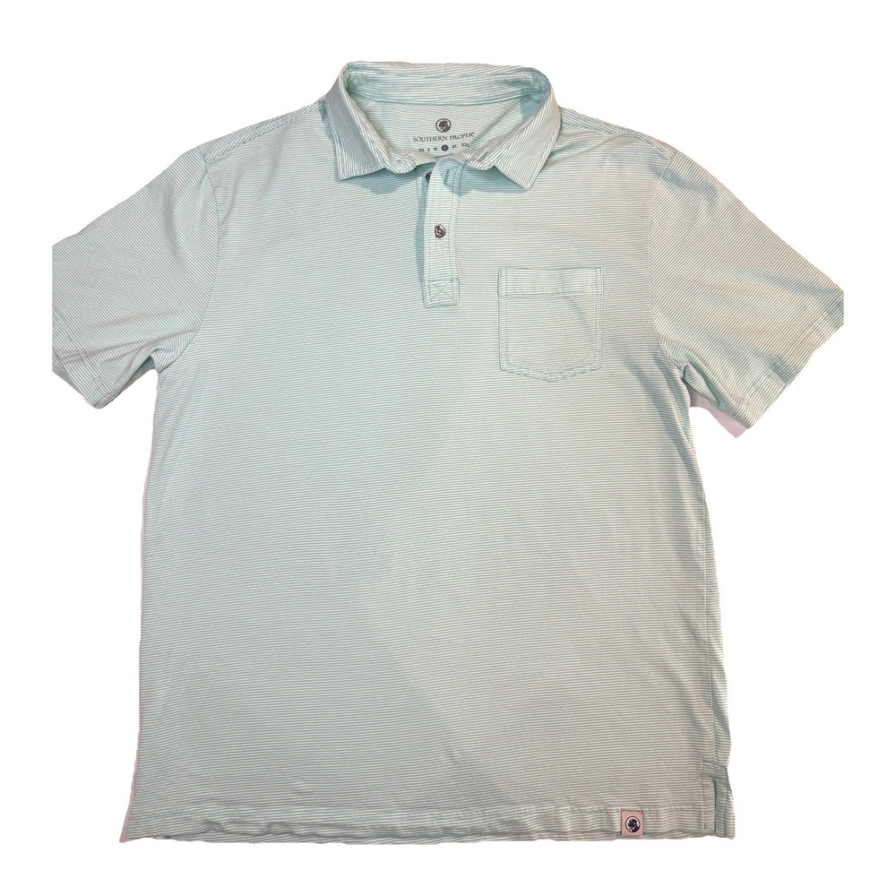 Southern Proper Men's Polo Shirt Size Large Green Stripe Short Sleeve Pocket
